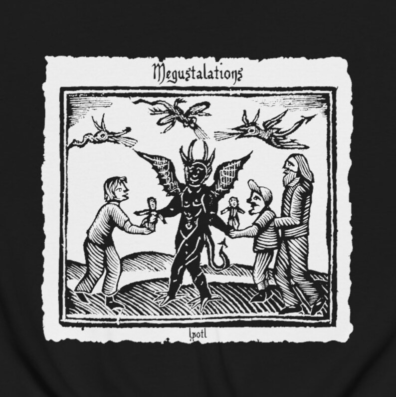 May include: Black and white woodcut print of a devil with wings, holding a doll, and two people offering dolls to the devil. The print is titled "Megustalations" and signed "Ipotl".