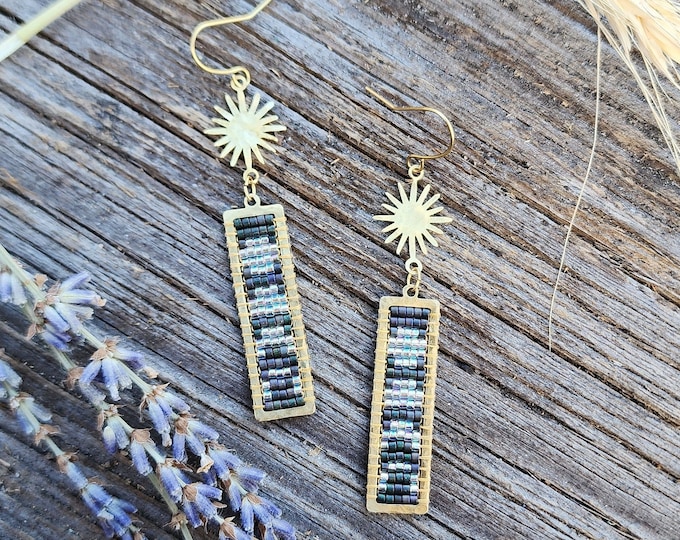 Hammered Brass Beaded Moon Phase Earring with Sun - Black & Silver