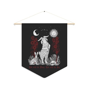 May include: Black tapestry with a white goat, rabbit, and skull surrounded by red flowers. The moon and sun are in the top corners. The text "Ride with the Moon, Ride with the Sun" is at the bottom.
