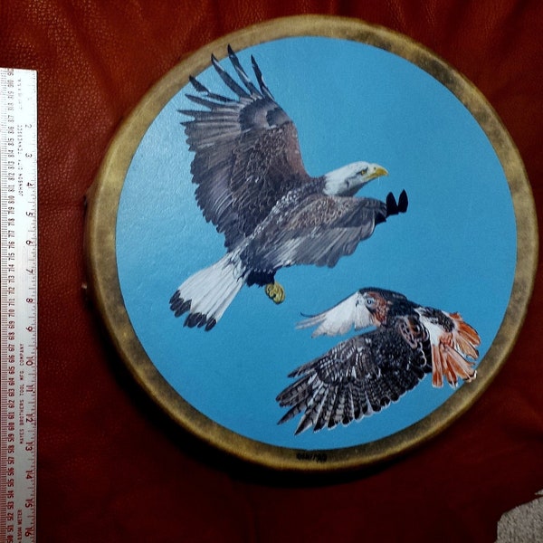 EAGLE AND HAWK! Hoop/Frame/Hand Drum, deep toned, Native American-style. Hand-painted. Tribal. Percussion. Sacred. Made to order.