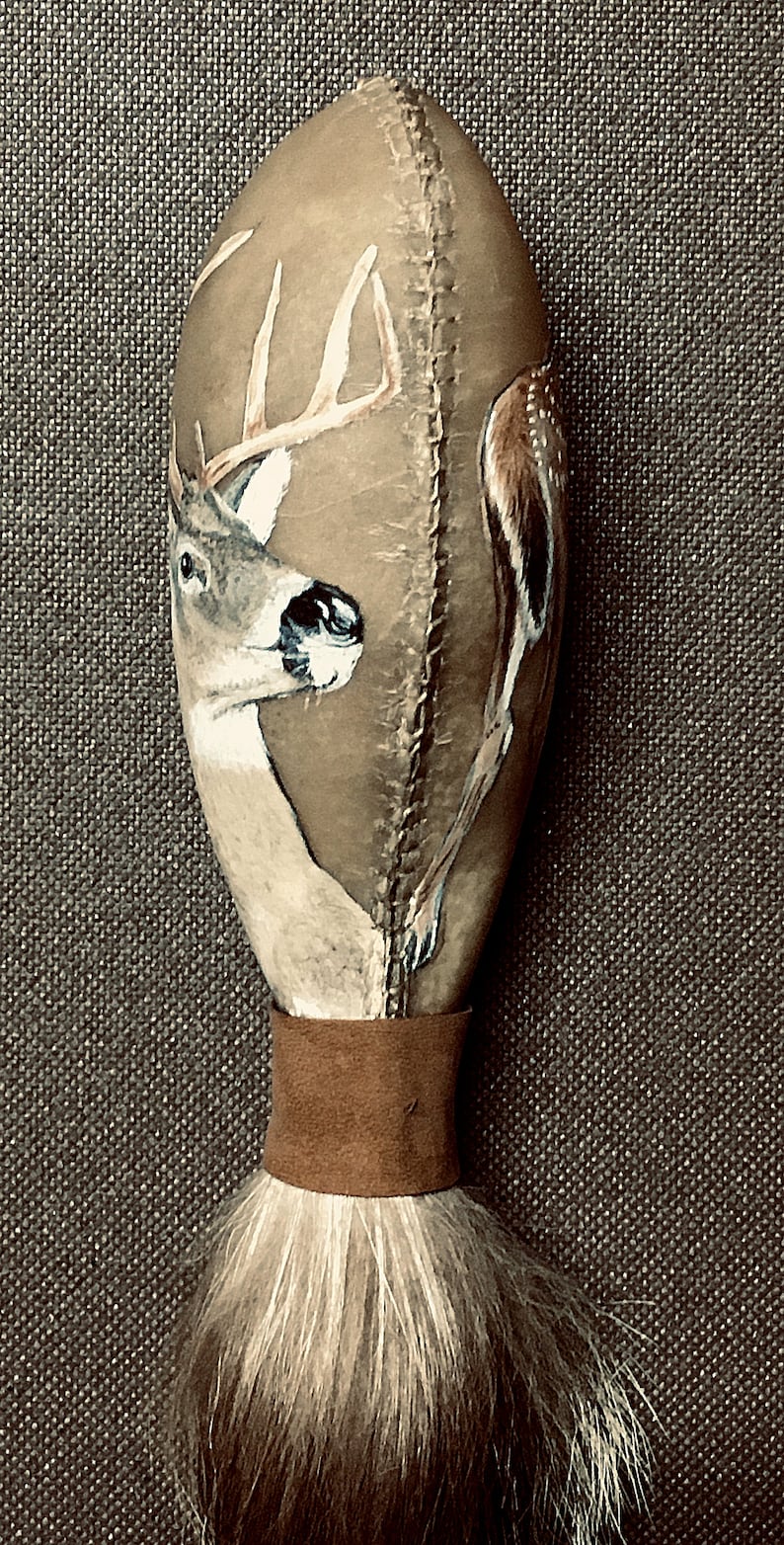 Buck Skin Rattle RAWHIDE RATTLE TWO Sided Hand-crafted and Painted Buck-fawn | Etsy