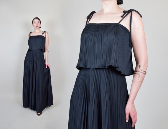 1970's Pleated Maxi Dress | 70s Black Tent Dress |