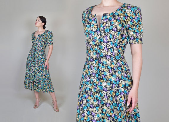 90's Dark Floral Midi Dress | 90s Grunge Floral Dr