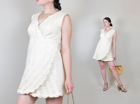 1960's Ivory Crochet Lace Mini Dress | 1960s Josep