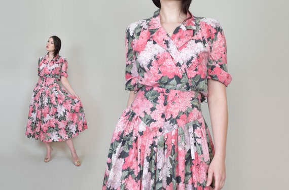 1980's Floral Print Shirt Dress | 1950's Style Flo