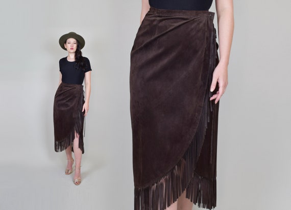 Leather Fringe Wrap Skirt | Western Suede Wrap Ski