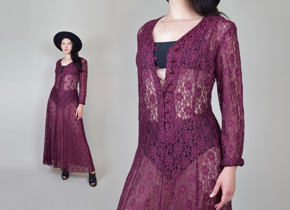 90's Witchy Lace Maxi Dress | 90's Sheer Lace Maxi