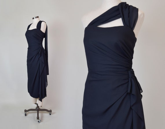 1960's Black Draped Cocktail Dress | 1960s Chiffon Cape Dress | 1960s House of Bianchi Dress