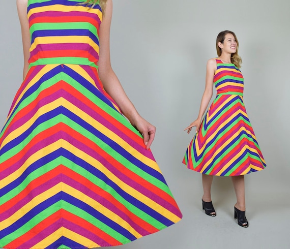 Vintage Rainbow Stripe Dress | Chevron Stripe Dres