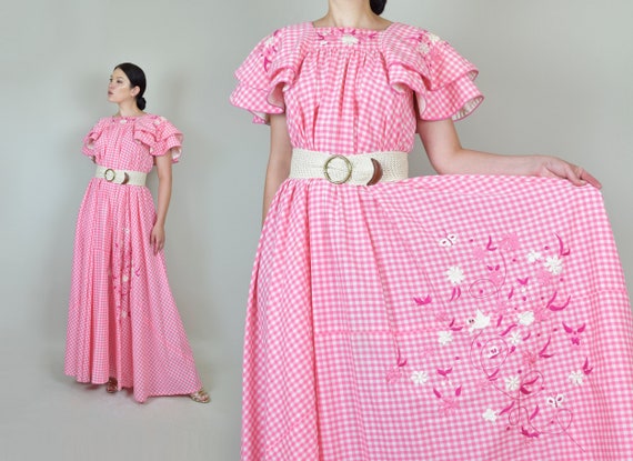 1950's Pink Gingham Ruffle Dress | Mexican Embroid