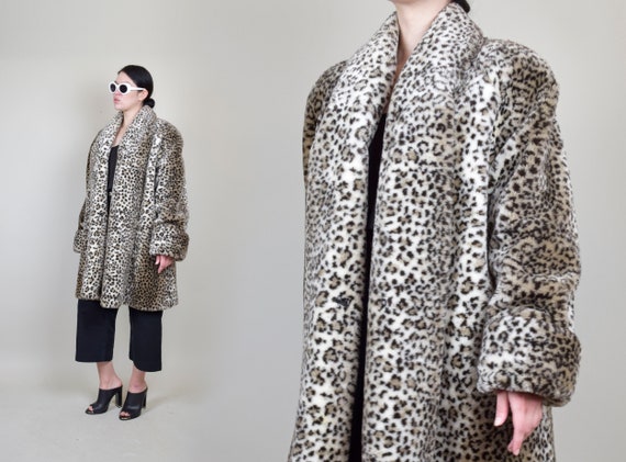 90's Faux Fur Leopard Print Coat | 90s Plush Leopa