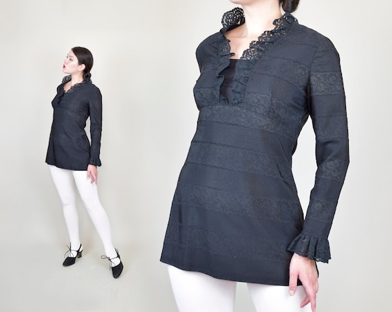 1960's Black Lace Ruffle Collar Mini Dress | 1960s
