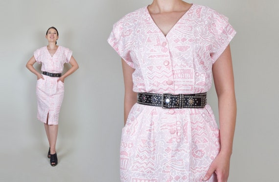 1980's Printed Shirtdress | 80s Does 50s Pencil Dr