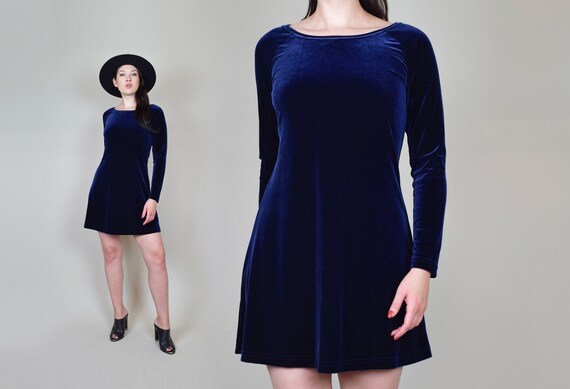 90's Blue Velvet Dress | 90's Long Sleeve Velvet D