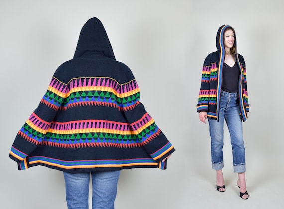 1970's Hooded Wrap Sweater | Rainbow Geometric Kni
