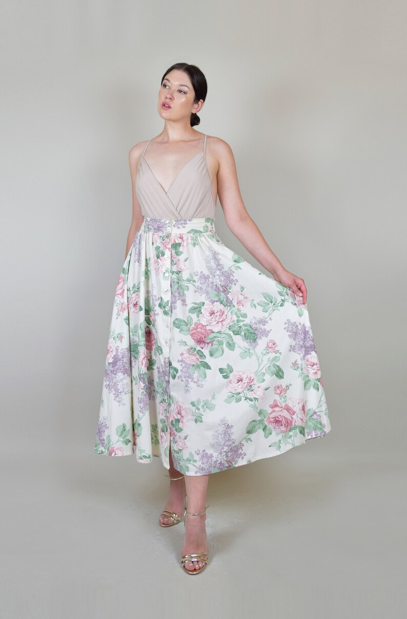 80/'s Pastel Floral Print Skirt Floral Print Circle Skirt Lilac Rose Floral Print Skirt