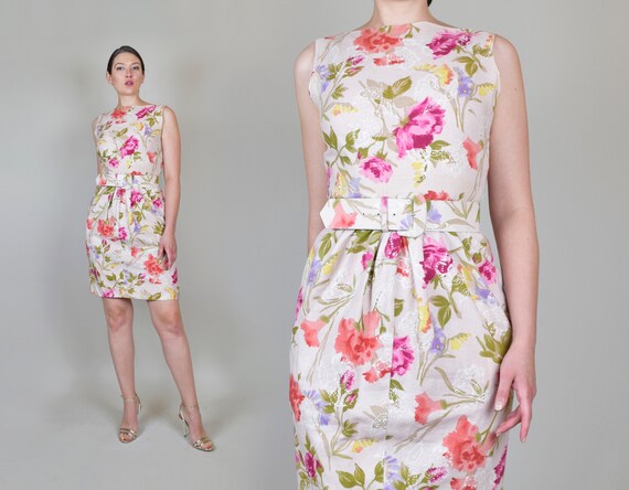 Vintage Floral Linen Dress | 90s Linen Pencil Dres