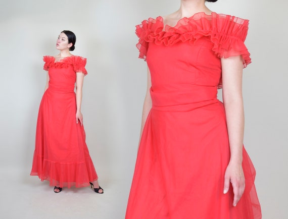 Red Sheer Ruffle Dress | Vintage Sheer Chiffon Dre