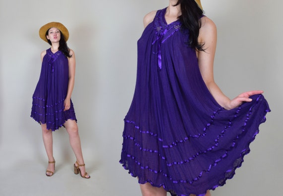 1970's Crochet Lace Gauze Dress | Sheer Gauze Croc