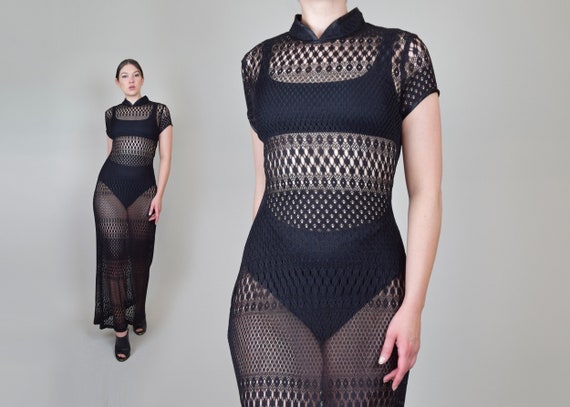 90's Black Crochet Lace Maxi Dress | 90s Sheer Lac
