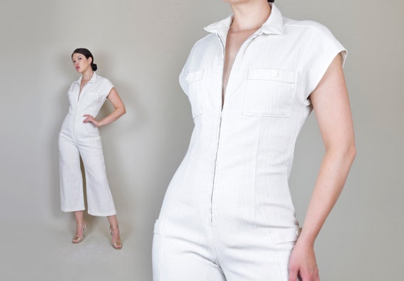 1970's White Gauze Linen Jumpsuit | 1970s Zip Up J