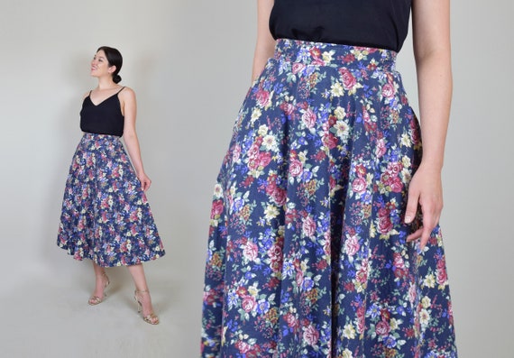 Vintage Dark Floral Print Skirt | Floral Print Circle Skirt