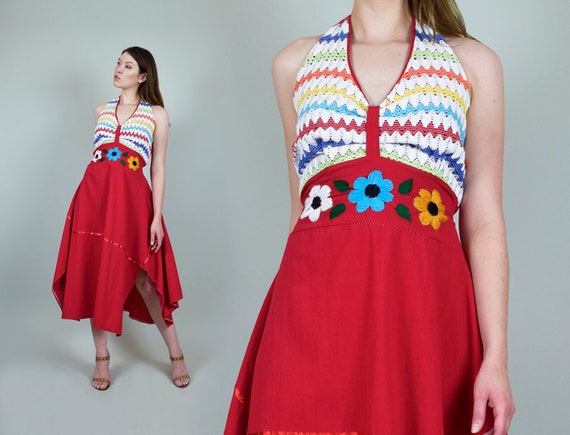 1970's Floral Embroidered Dress l 1970’s Halter Su