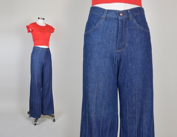 1970's Dark Wash Bellbottoms | 1970s Embroidered B