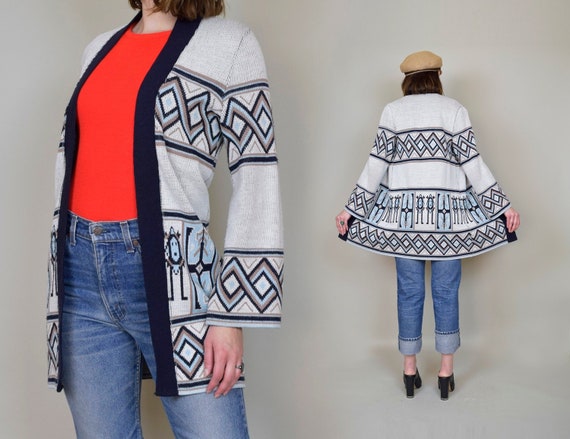 1970s Southwestern Print Sweater | 70s Knit Wrap S