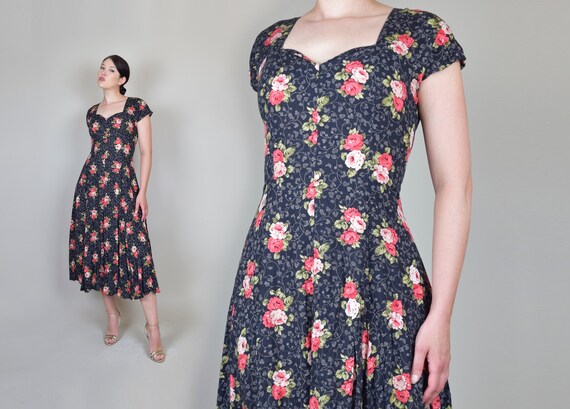 90's Black Floral Dress | 90s Rose Print Grunge Dr