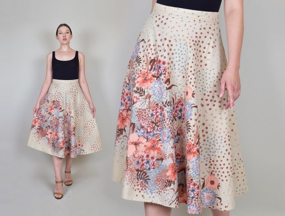 1970's Floral Skirt | 1970s Natural Floral Skirt