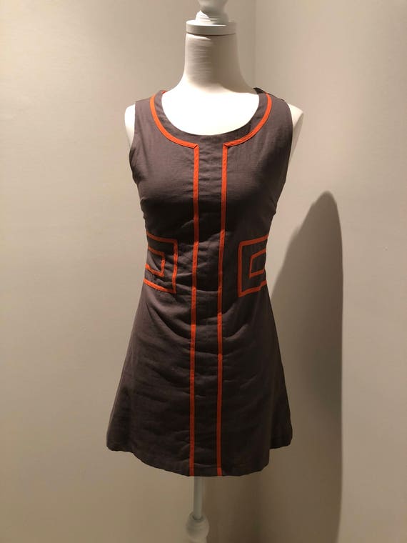90s Vintage Dress, 60s Inspired Mod Dress, Brown/G