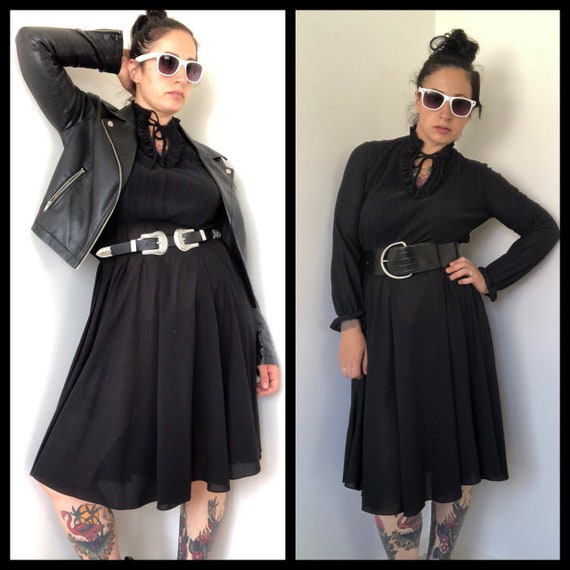 70s Vintage Dress, Black Dress Edwardian Style, 70