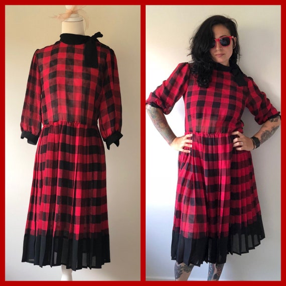80s Vintage Tea Dress, 80s Red and Black Dress, 80