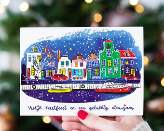 5 Christmas Cards with snowy Maarssen canal illustration