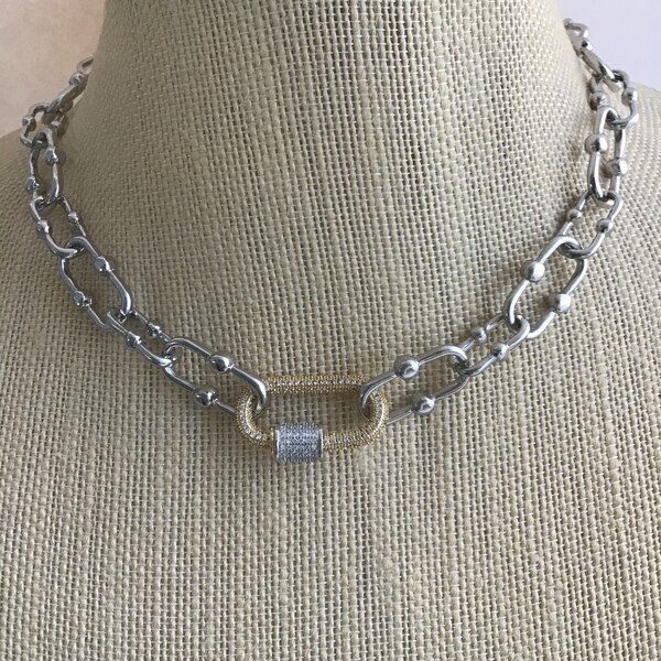 CARABINER CHOKER, Cubic Zirconia Carabiner, Carabiner Necklace, Mixed Link Chain