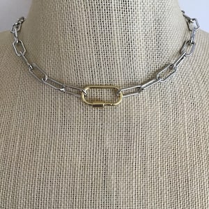 PAPERCLIP CHAIN NECKLACE, Paperclip Choker, Paperclip Chain, Carabiner Clasp, Silver Paperclip Chain,Mixed Metals
