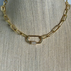 GOLDFILLED PAPERCLIP CHAIN, Paperclip Chain Necklace, Gold Choker, Paperclip Chain, Cubic Zirconia Carabiner