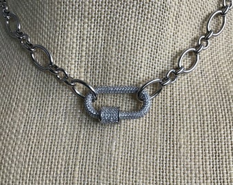 CARABINER NECKLACE, Mixed Link Chain, Cubic Zirconia Carabiner, Silver Carabiner