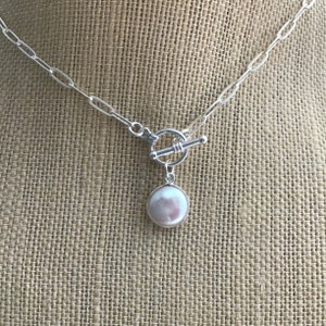 STERLING SILVER CHOKER, Freshwater Pearl Necklace, Paperclip Chain Necklace, Paperclip Chain, Toggle Clasp, Sterling Silver Necklace, Bride