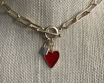 Gold Paperclip Chain Necklace, Red Heart Charm, Toggle Clasp