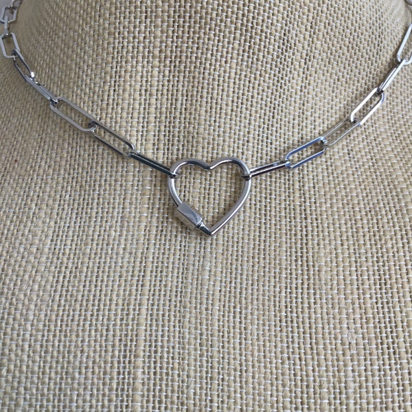 PAPERCLIP CHAIN NECKLACE, Paperclip Chain, Heart Carabiner, Silverplate  Paperclip Chain, Silverplate Heart Carabiner