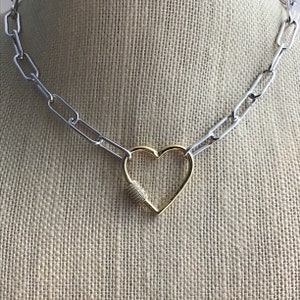 PAPERCLIP CHAIN NECKLACE, Paperclip Necklace, Heart Carabiner, Paperclip Chain, Cubic Zirconia Carabiner, Mixed Metals