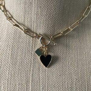 Gold Paperclip Chain Necklace, Black Enamel Heart, Toggle Clasp