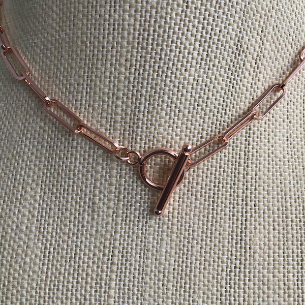 PAPERCLIP CHAIN NECKLACE, Rose Gold Choker, Paperclip Chain, Toggle Clasp
