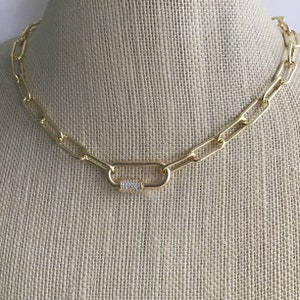 GOLDFILLED PAPERCLIP CHAIN, Paperclip Chain Necklace, Gold Choker, Paperclip Chain, Cubic Zirconia Carabiner