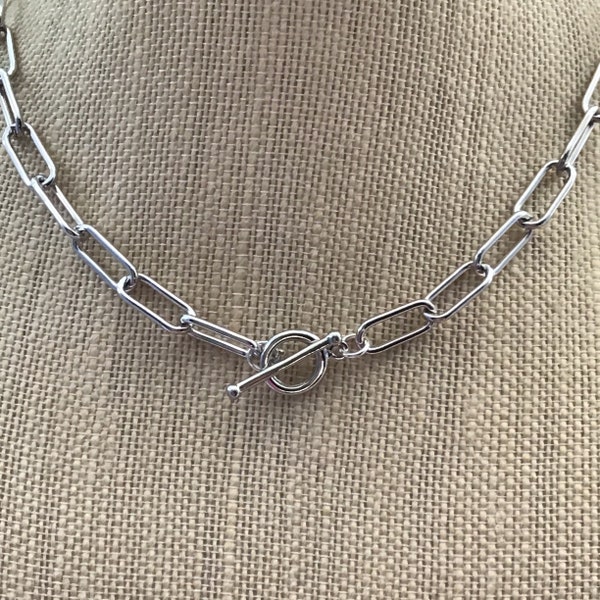 PAPERCLIP CHAIN NECKLACE, Silver Choker, Paperclip Chain, Toggle Clasp, Silverplated