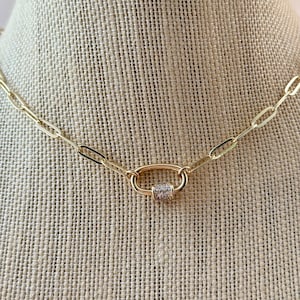 DAINTY PAPERCLIP NECKLACE, Paperclip Chain Necklace, Cubic Zirconia Carabiner, Mini Carabiner