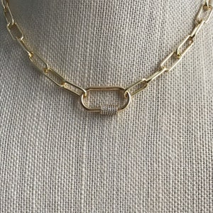 PAPERCLIP CHAIN NECKLACE, Paperclip Necklace, Gold Choker, Paperclip Chain, Cubic Zirconia Carabiner
