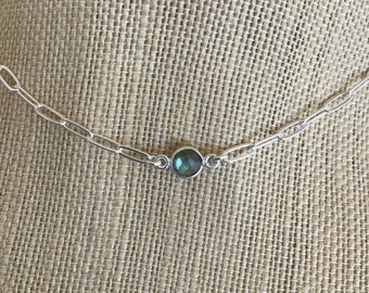 STERLING SILVER CHOKER, Labradorite Necklace, Paperclip Chain, Sterling Silver Necklace, Labradorite